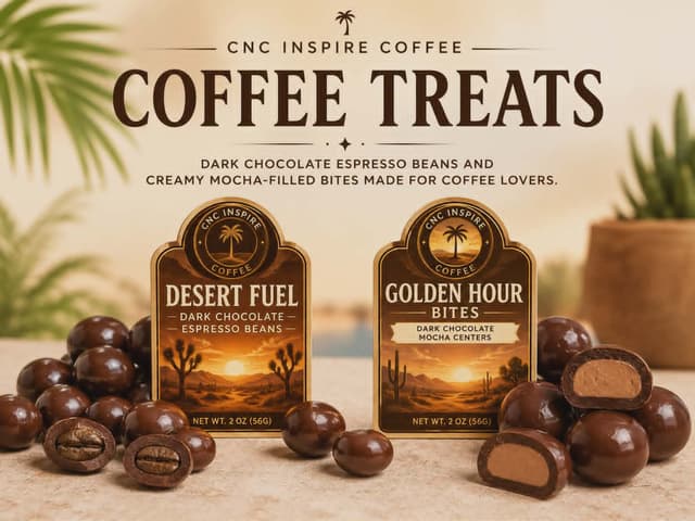 Desert Fuel and Golden Hour Bites chocolate covered coffee beans